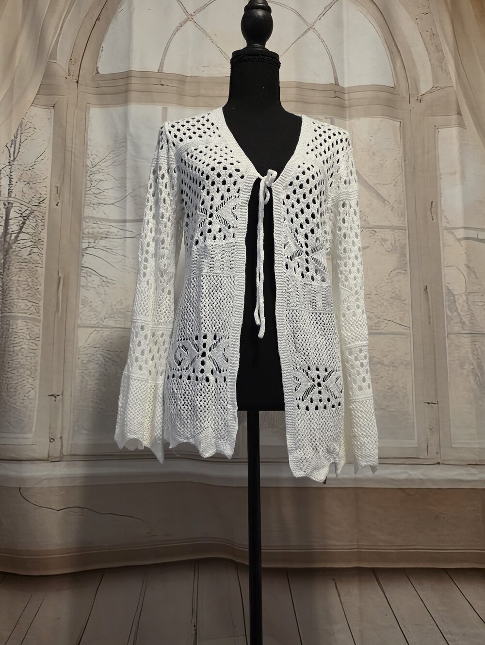 Kohl's White Openwork Crochet Tie-Front Cardigan